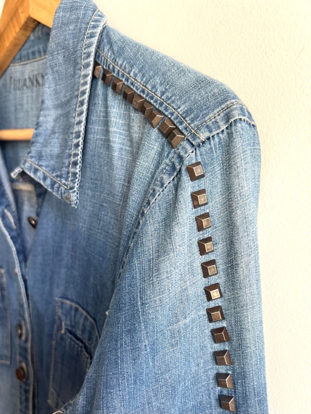 Western Cowgirl Blank NYC Light Blue Stud-Trim Denim Button-Down Shirt - Picture 3 of 9